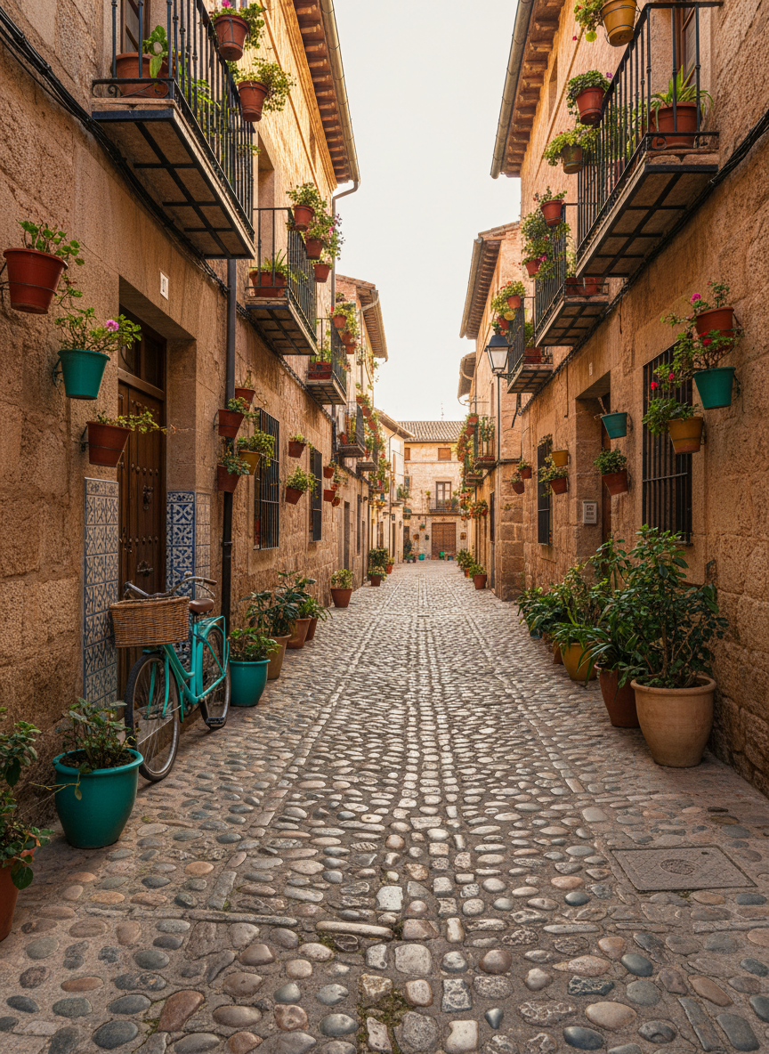 A narrow, cobblestoned Spanish street lined with textured sandstone buildings, their facades adorned with intricate wrought-iron balconies overflowing with potted plants in terracotta, teal, and mustard pots. A bright teal bicycle leans casually against a tiled doorway featuring geometric blue-and-white azulejos. The warm glow of golden hour sunlight washes over the scene, highlighting cracks in the stonework and casting long, whimsical shadows across the cobblestones. Shot from a slightly low, forward-facing angle in photographic realism, the image uses the rule of thirds to lead the eye down the street toward a sunlit plaza. The mood is playful, inviting, and filled with a sense of artful exploration and hidden urban treasures.