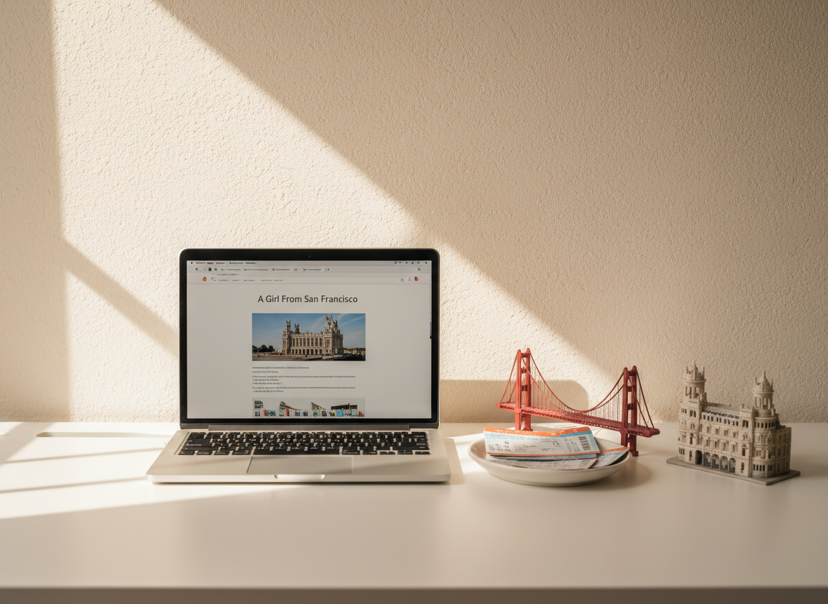 A pristine white desk against a softly textured, warm off-white wall, featuring a sleek silver laptop displaying a blurred blog layout with a header reading “A Girl From San Francisco.” Beside it, a small ceramic dish holds colorful metro tickets and tiny architectural sketches. A miniature Golden Gate Bridge figurine painted in muted red stands next to a delicate model of Madrid’s Gran Vía building in soft stone tones. Afternoon natural light filters in from the left, casting clean, elongated shadows and creating a calm yet energetic atmosphere. Photographic realism at eye-level with balanced composition and sharp focus throughout, evoking a playful blend of California roots and European design discovery.